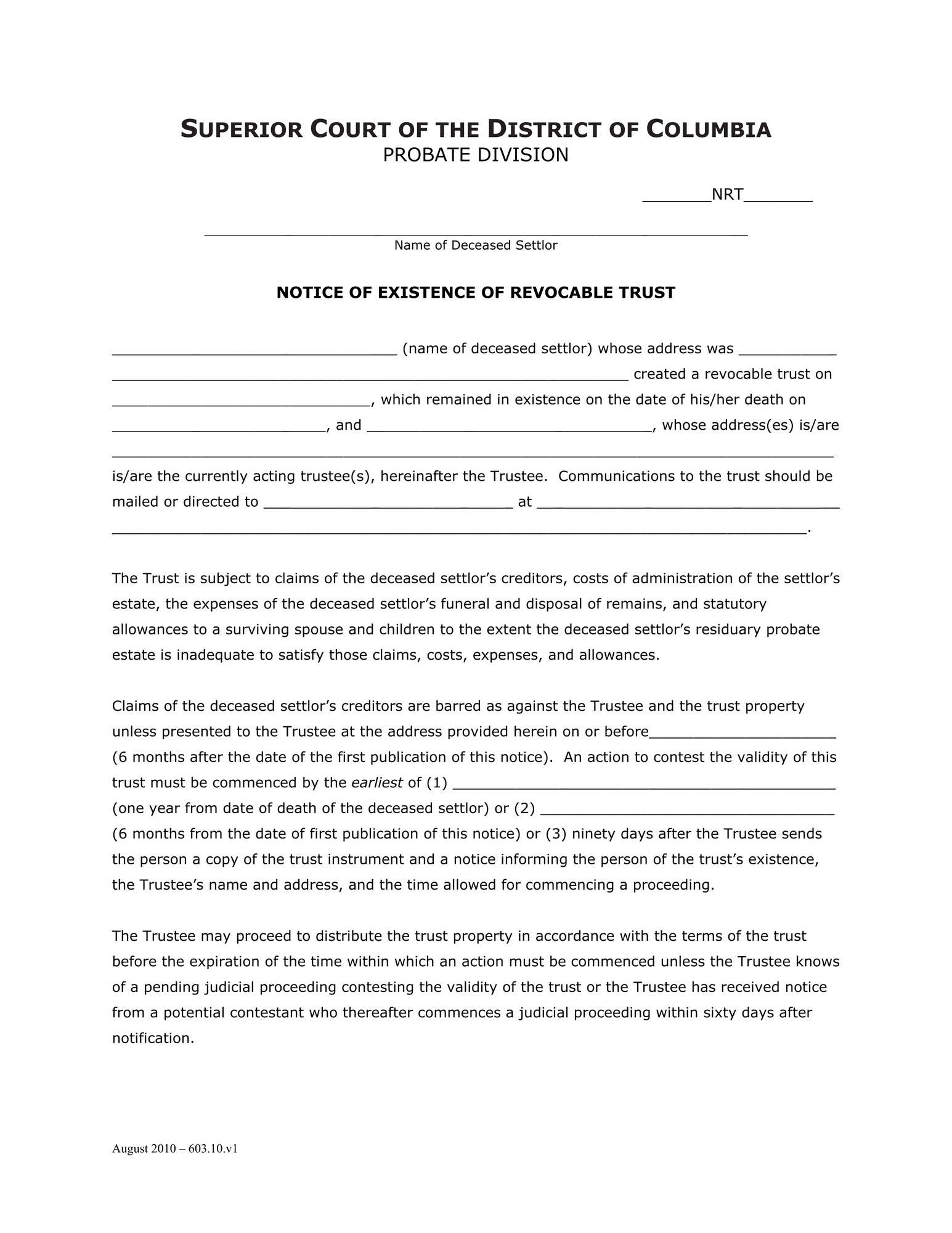 Case Initiation (NRT) - Notice of Existence of Revocable Trust thumbnail