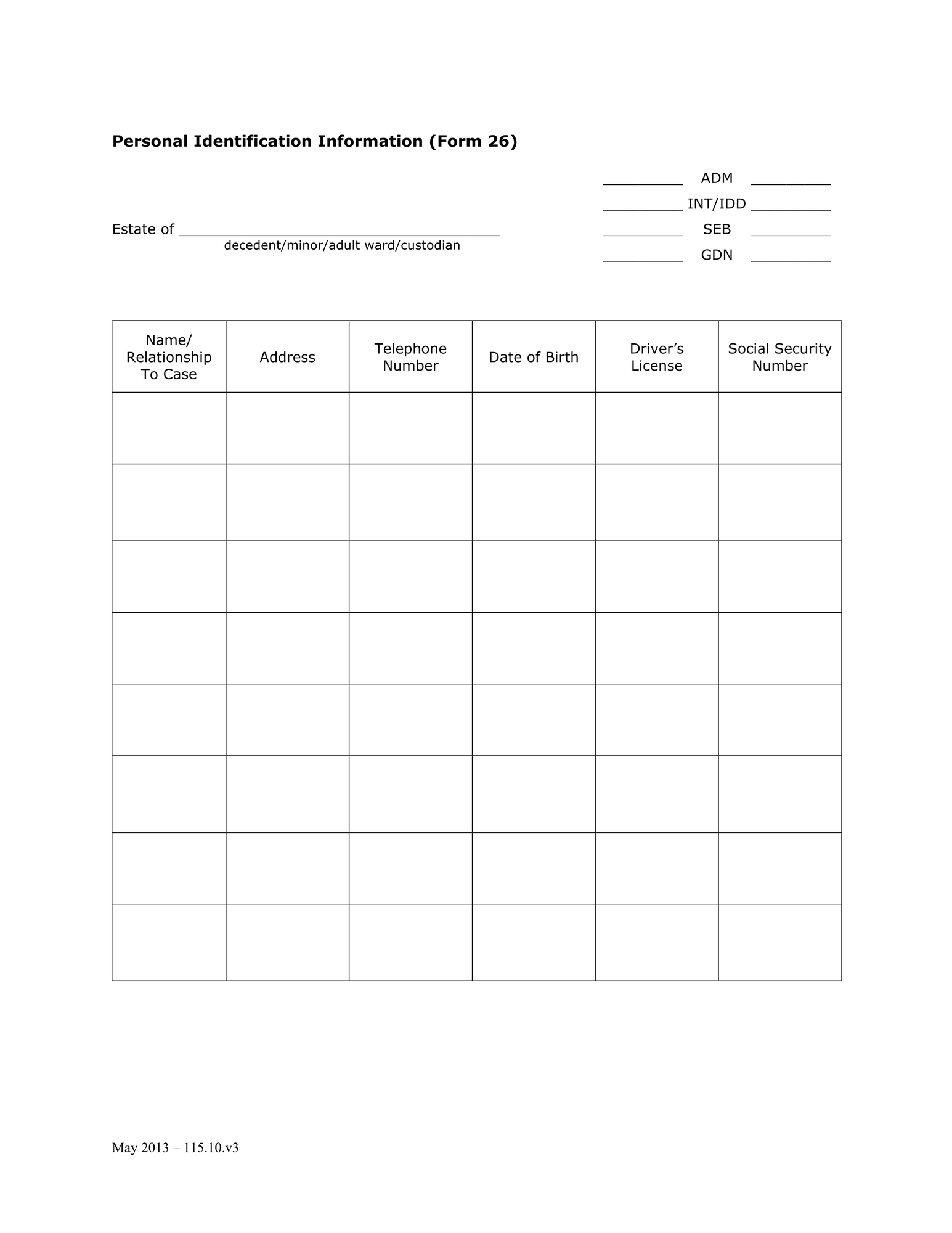 Case Initiation - Standard Probate (ADM) - Personal Identification Information (Form 26) thumbnail