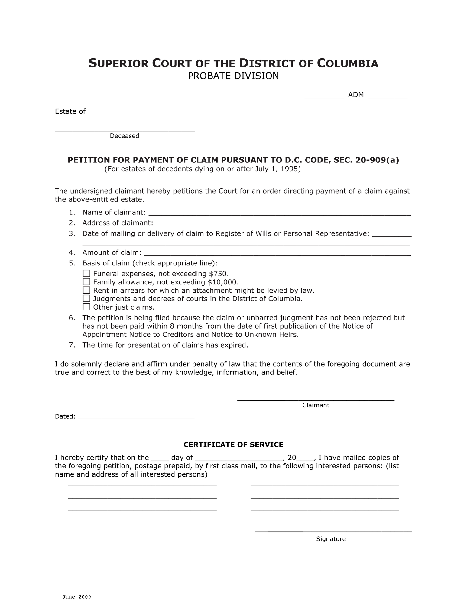 Petition for Payment of Claim Pursuant to D.C. Code, sec. 20-909(a) and Order thumbnail