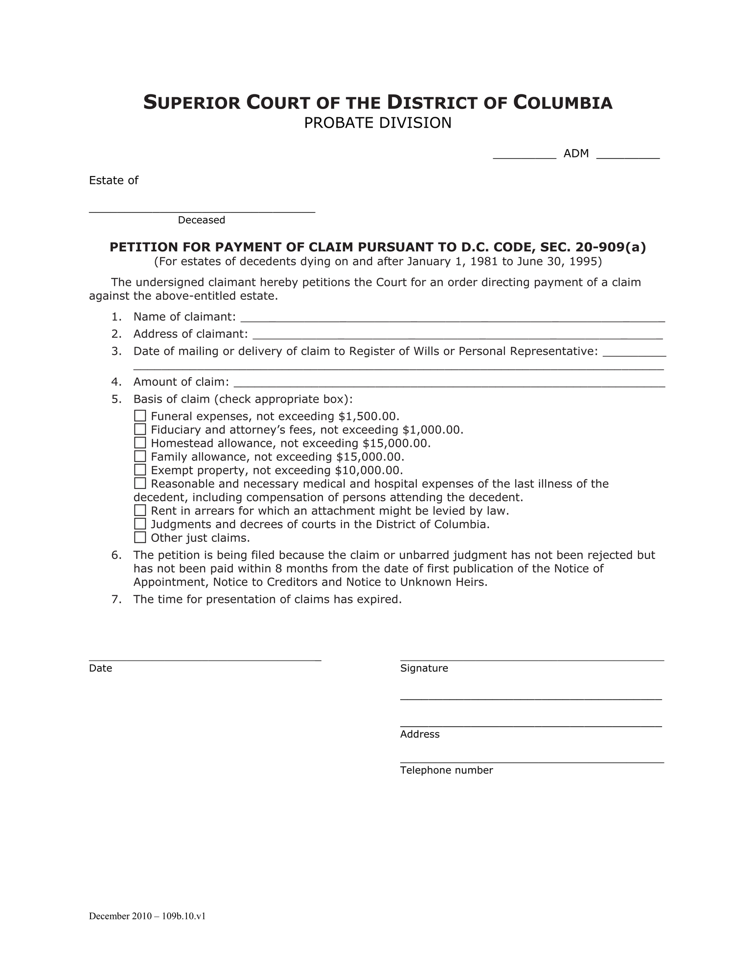 Claims (ADM) - Petition for Payment of Claim Pursuant to D.C. Code, Sec 20-909(a) and Order thumbnail