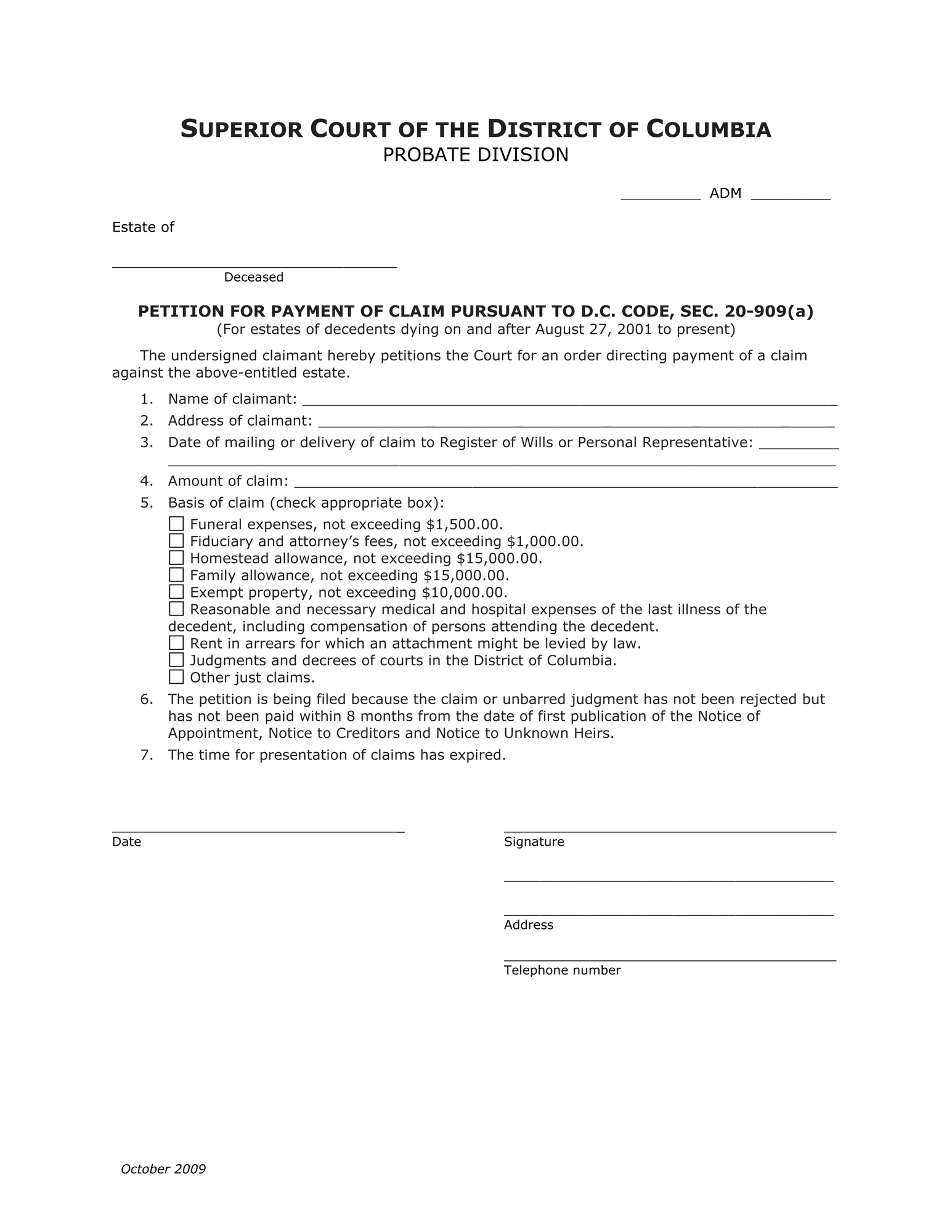 Claims (ADM) - Petition for Payment of Claim and Order (for dates of death from 07/01/95 to 08/26/01) thumbnail