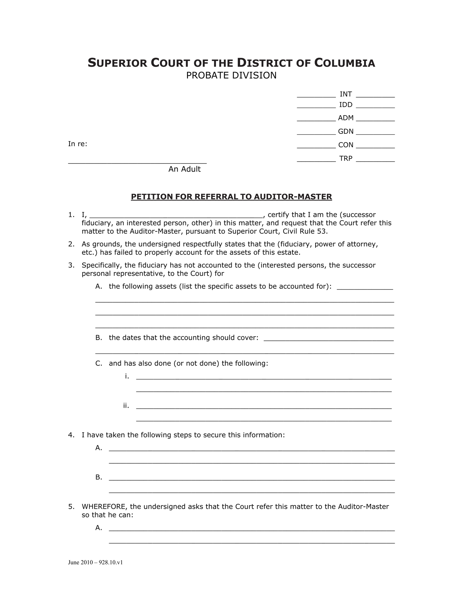 General Forms (CON) - Petition for Referral to Auditor-Master and Order thumbnail