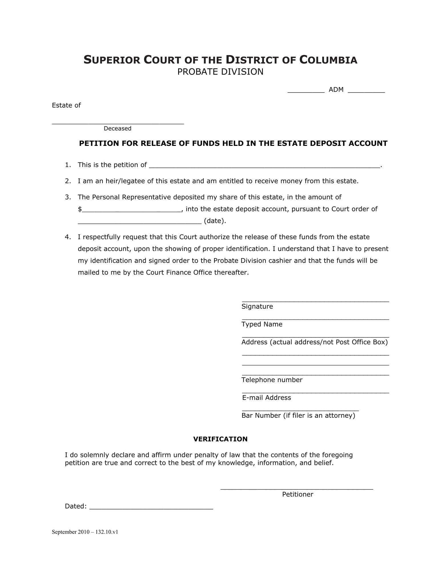 General Forms (ADM) - Petition for Release of Funds Held in the Estate Deposit thumbnail