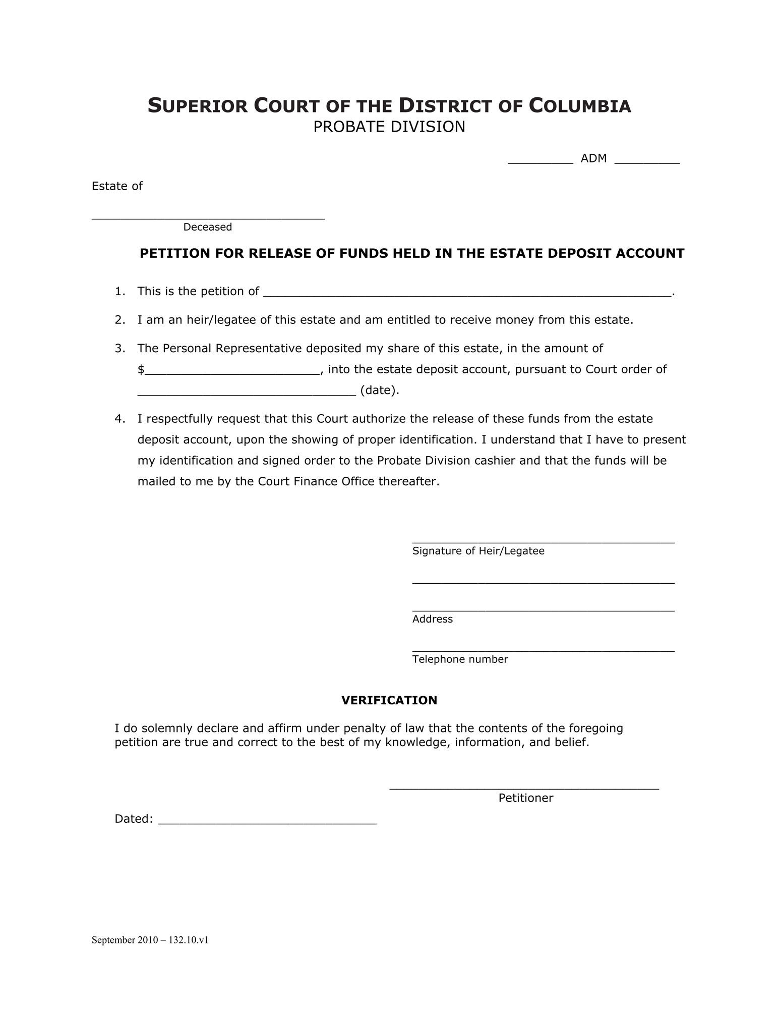 General Forms (ADM) - Petition for Release of Funds Held in the Estate Deposit Account and Order