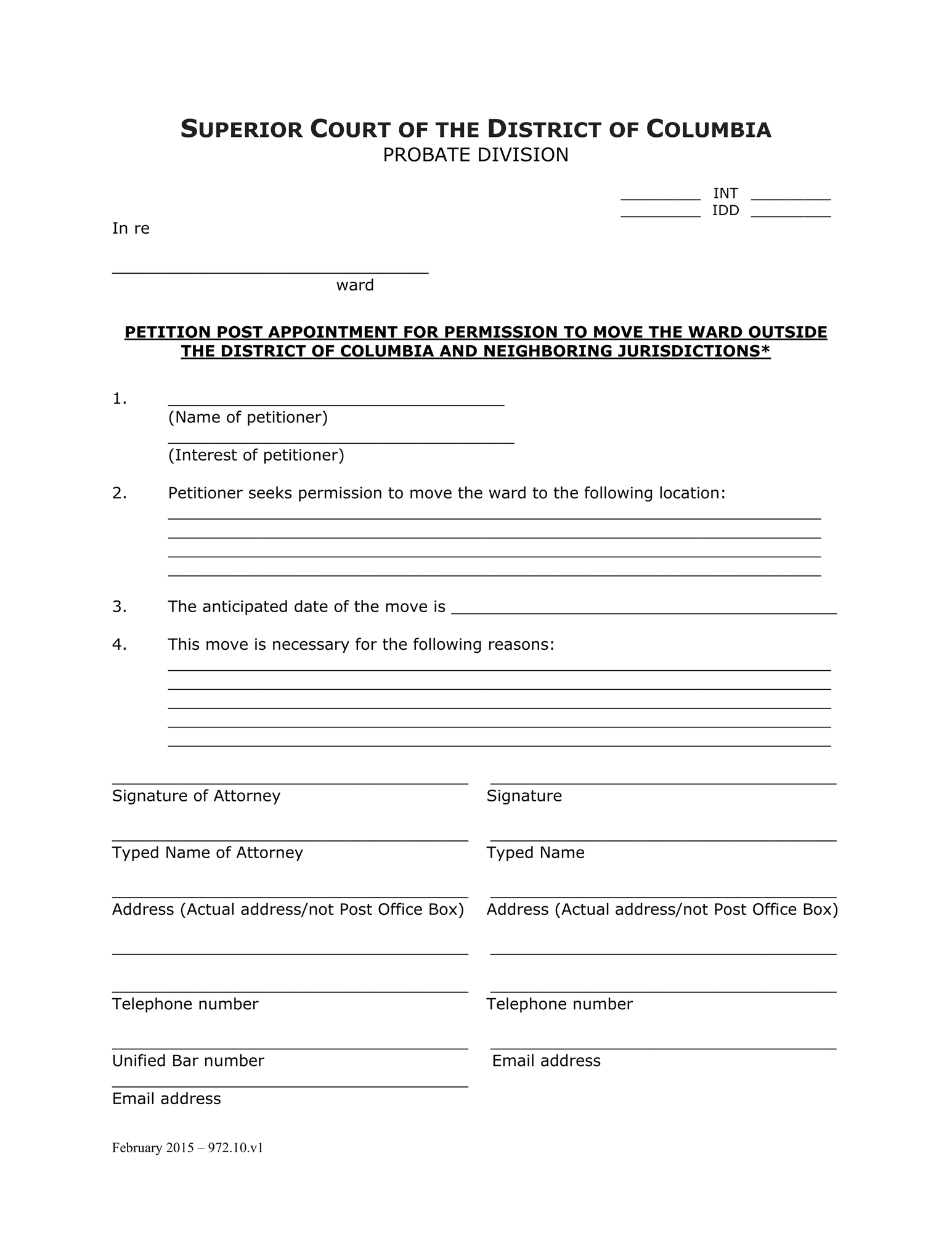 General Forms (INT) - Petition Post Appointment for Permission to Move Ward thumbnail
