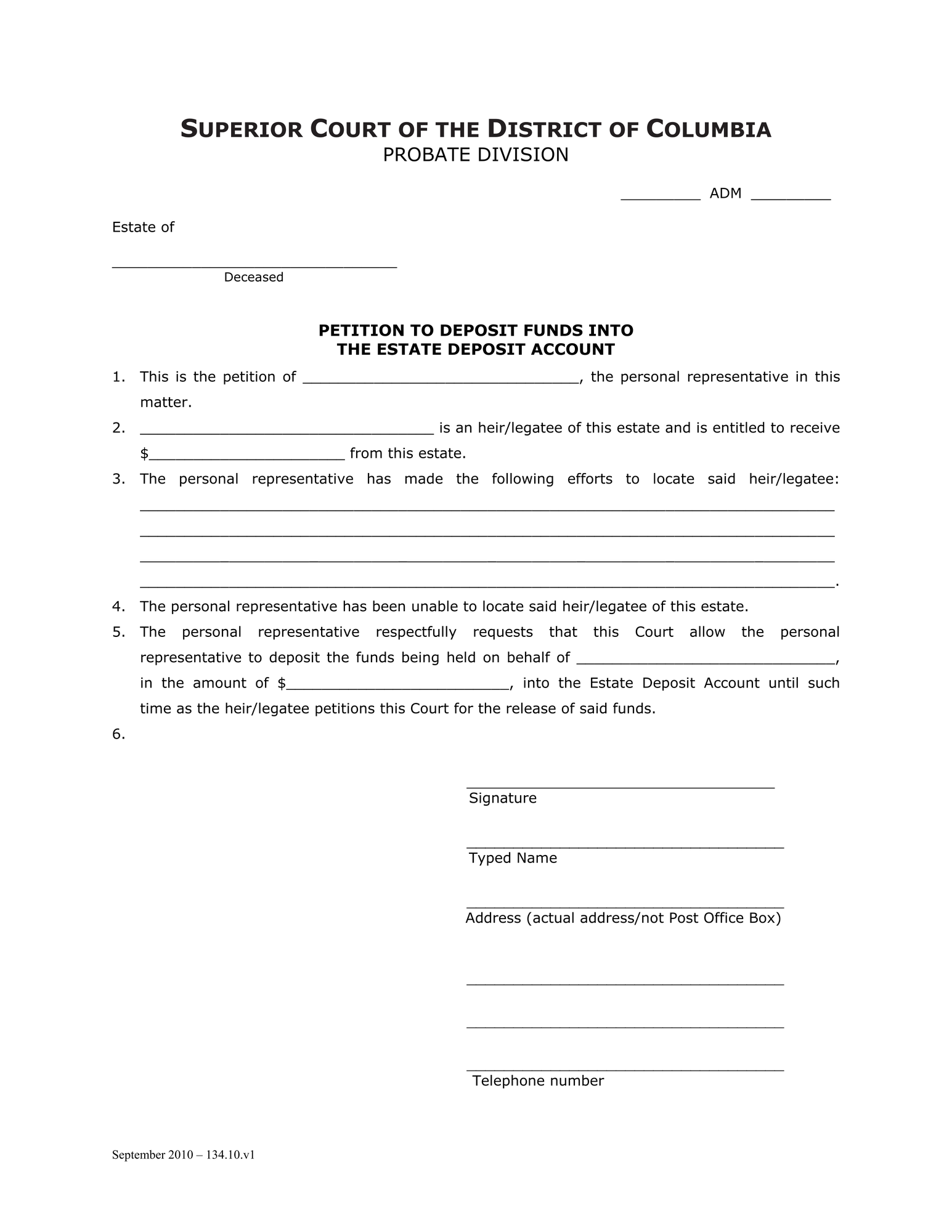 General Forms (ADM) - Petition to Deposit Funds into the Estate Deposit Account and Order