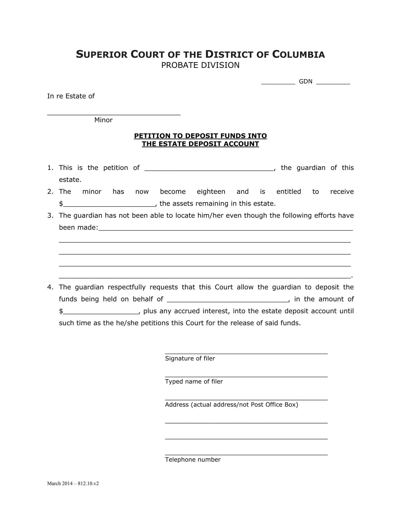 General Forms (GDN) - Petition To Deposit Funds Into the Estate Deposit Account and Order thumbnail