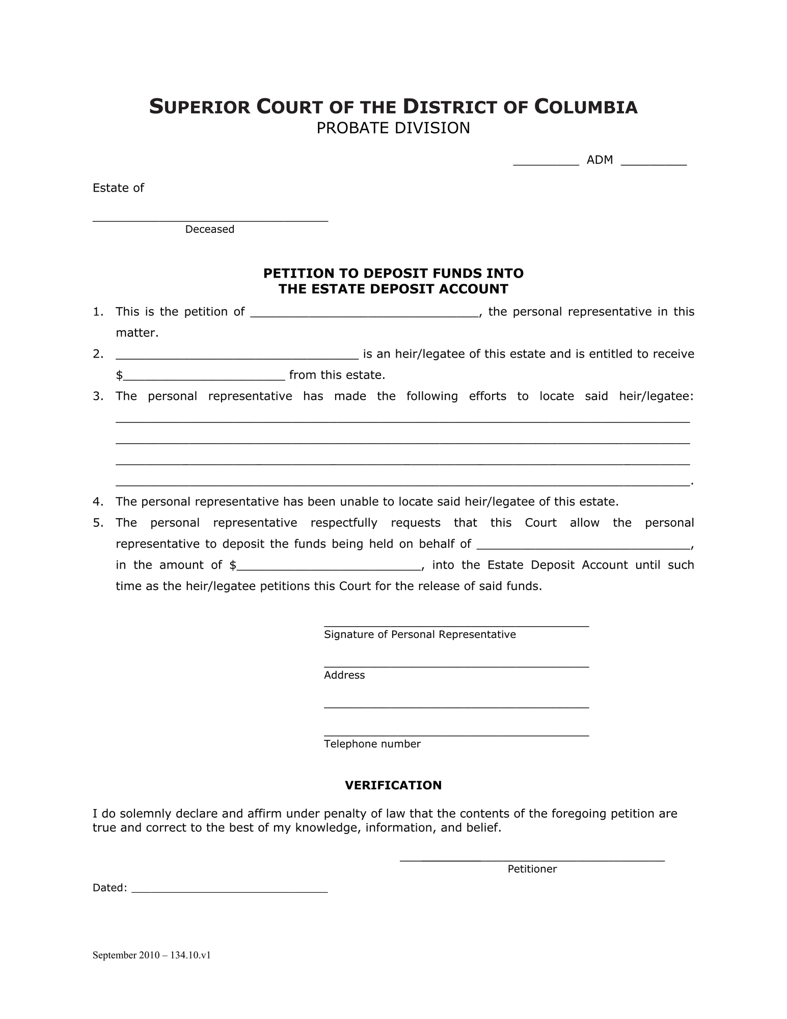 General Forms (ADM) - Petition to Deposit Funds into the Estate Deposit Account and Order thumbnail