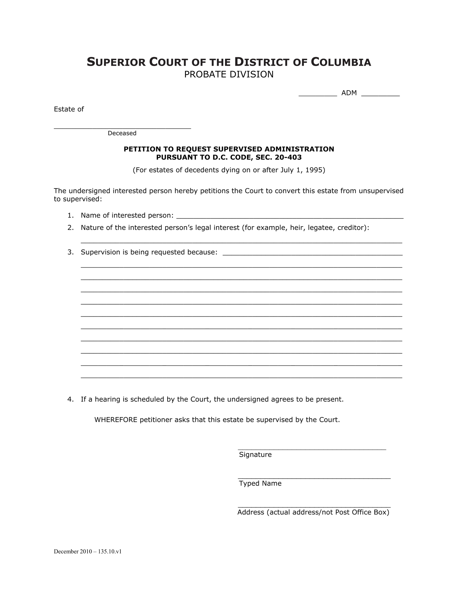 General Forms (ADM) - Petition to Request Supervised Administration Pursuant to D.C. Code, Sec. 20-402 thumbnail