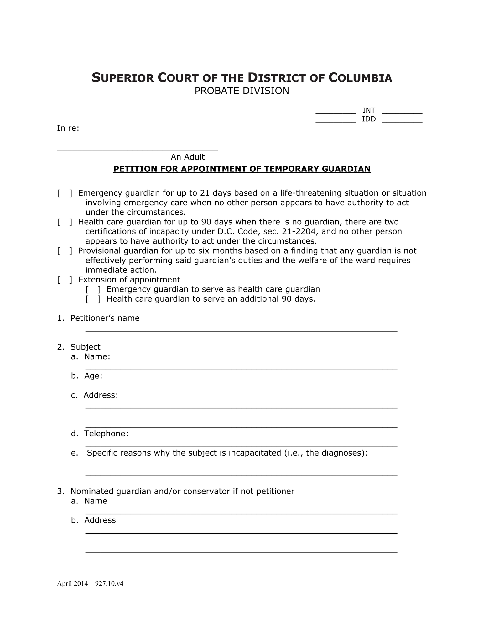 Case Initiation (INT) - Petition for Appointment of Temporary Guardian thumbnail