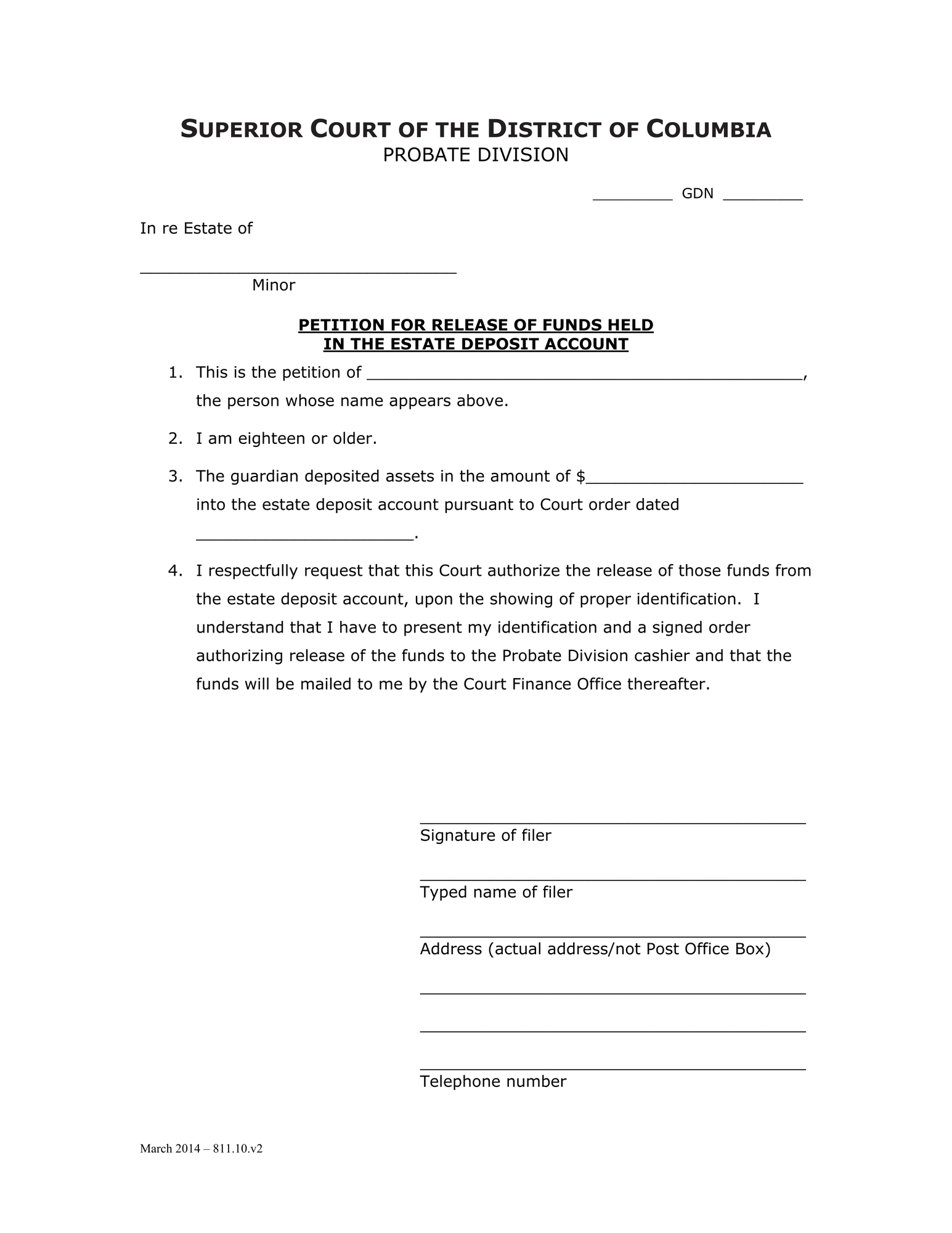 General Forms (GDN) - Petition for Release of Funds Held in the Estate Deposit Account and Order thumbnail