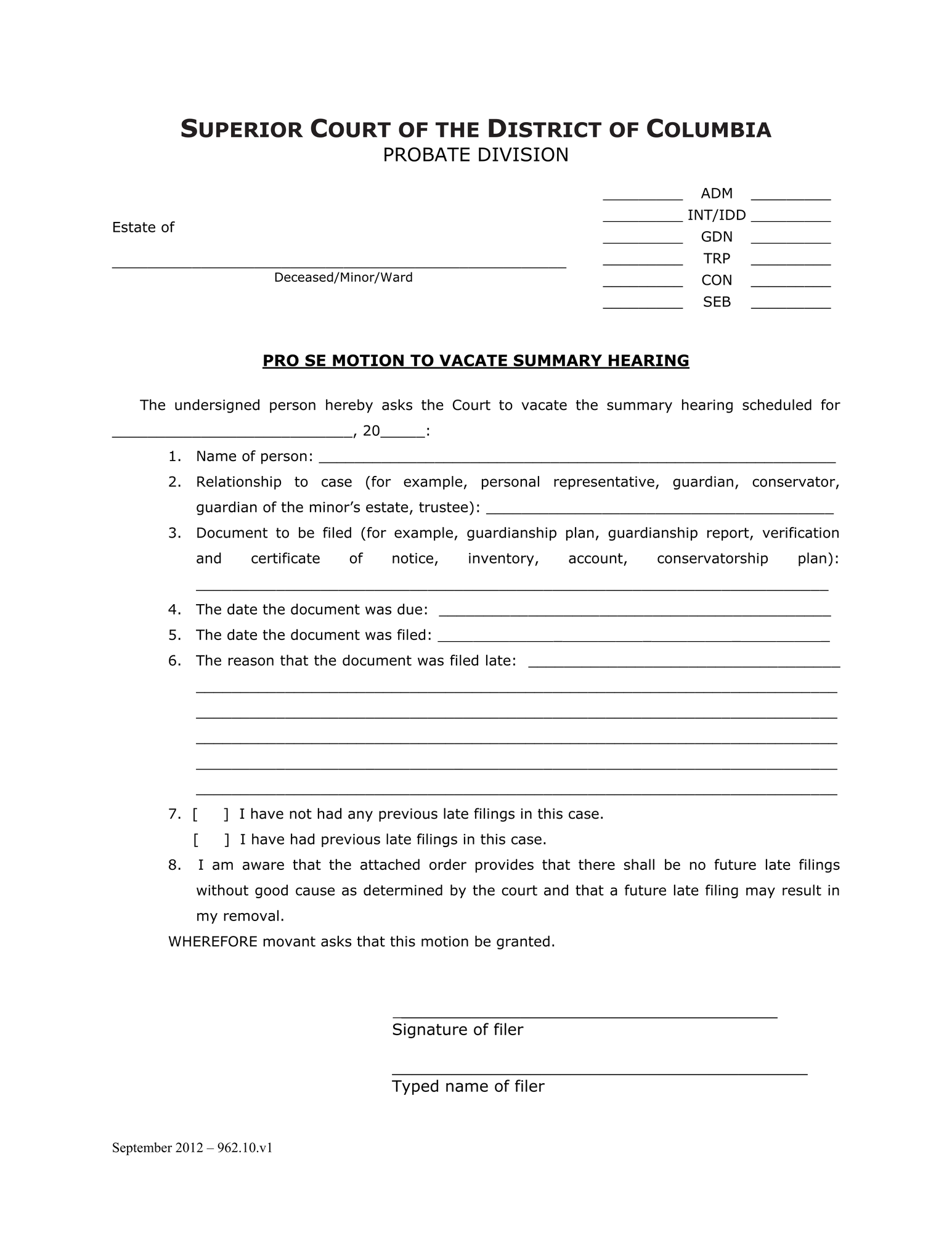 General Forms (INT) - Pro Se Motion to Vacate and Order thumbnail