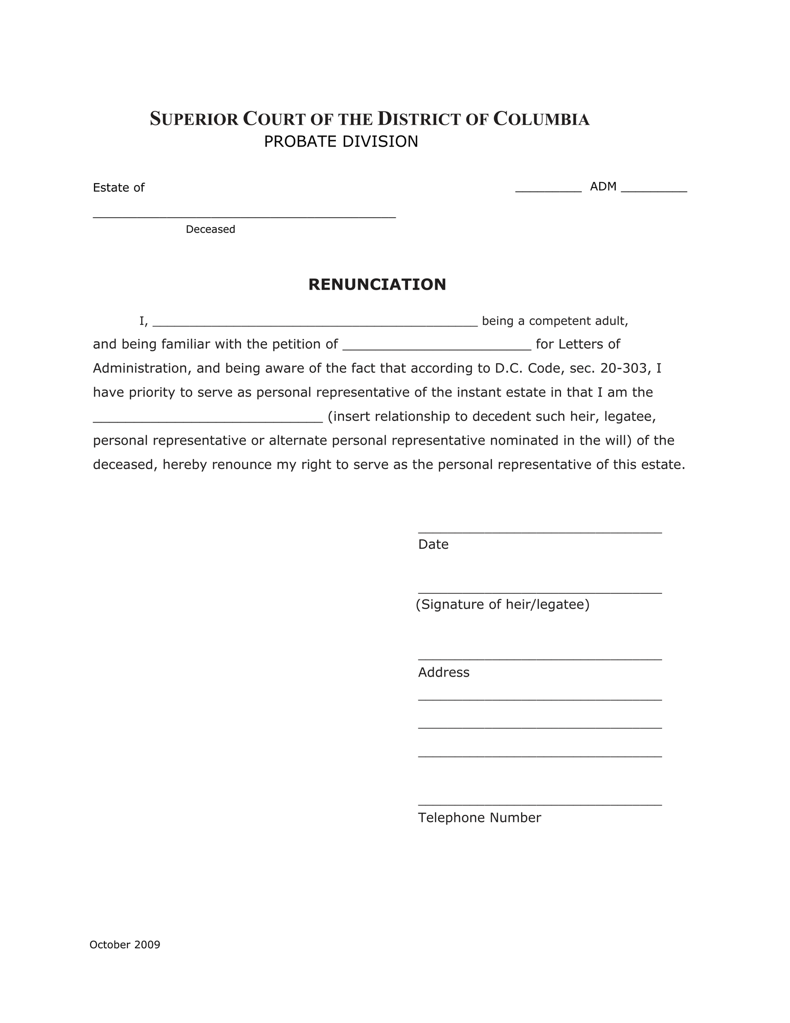 Renunciation, Nomination of Personal Representative thumbnail