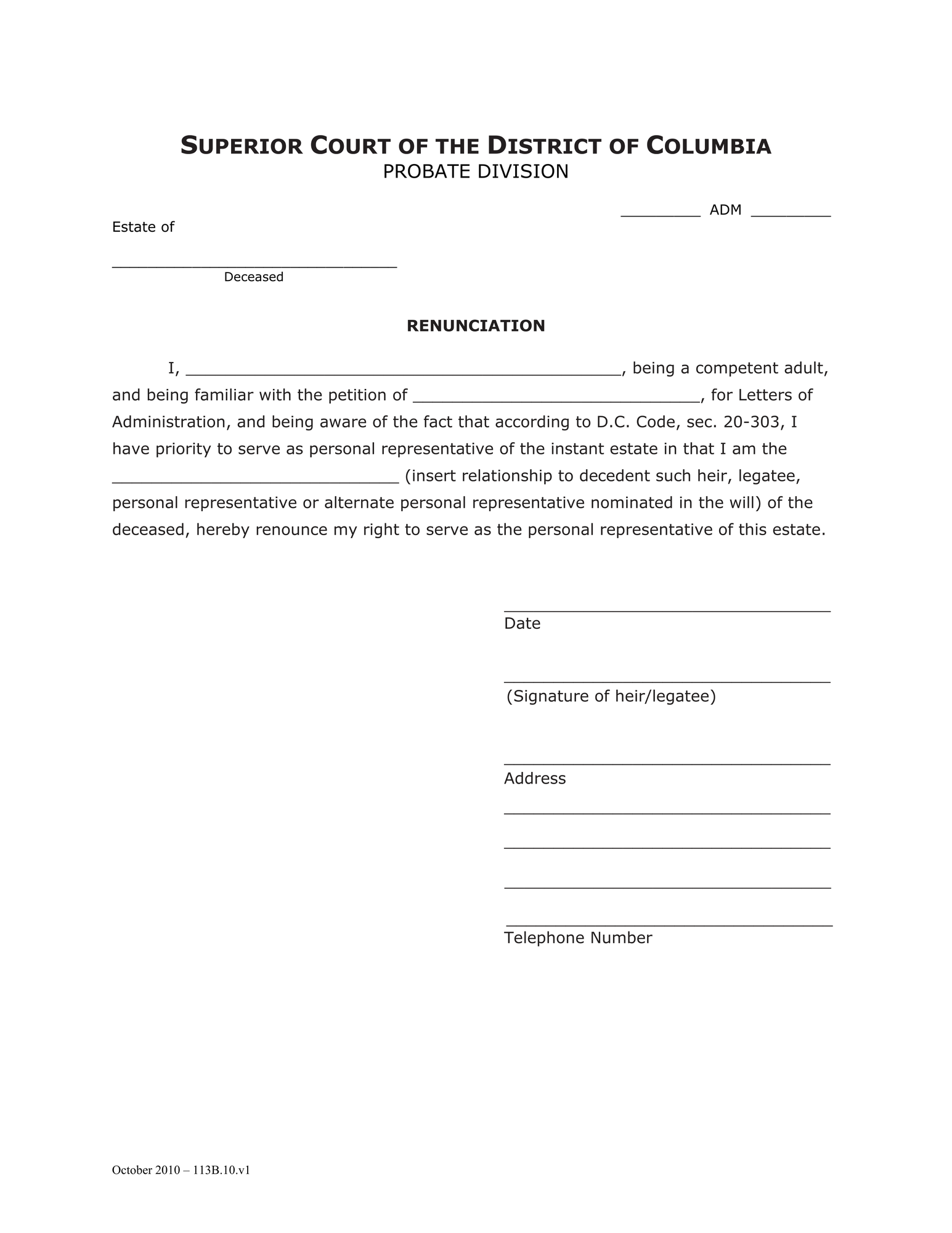 General Forms (ADM) - Renunciation, Nomination of Personal Representative thumbnail