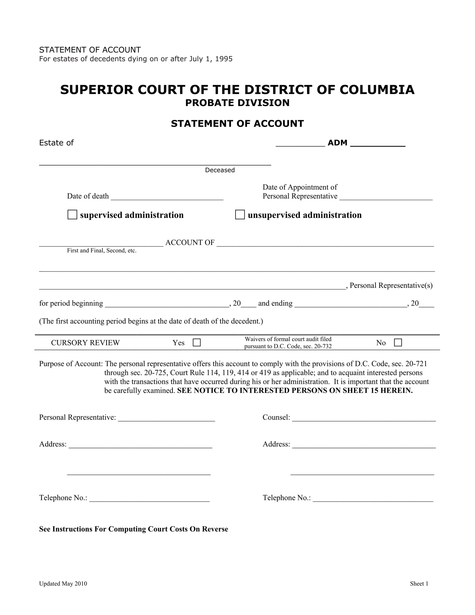 Statement of Account (and all attached sheets) after July 1, 1995 thumbnail