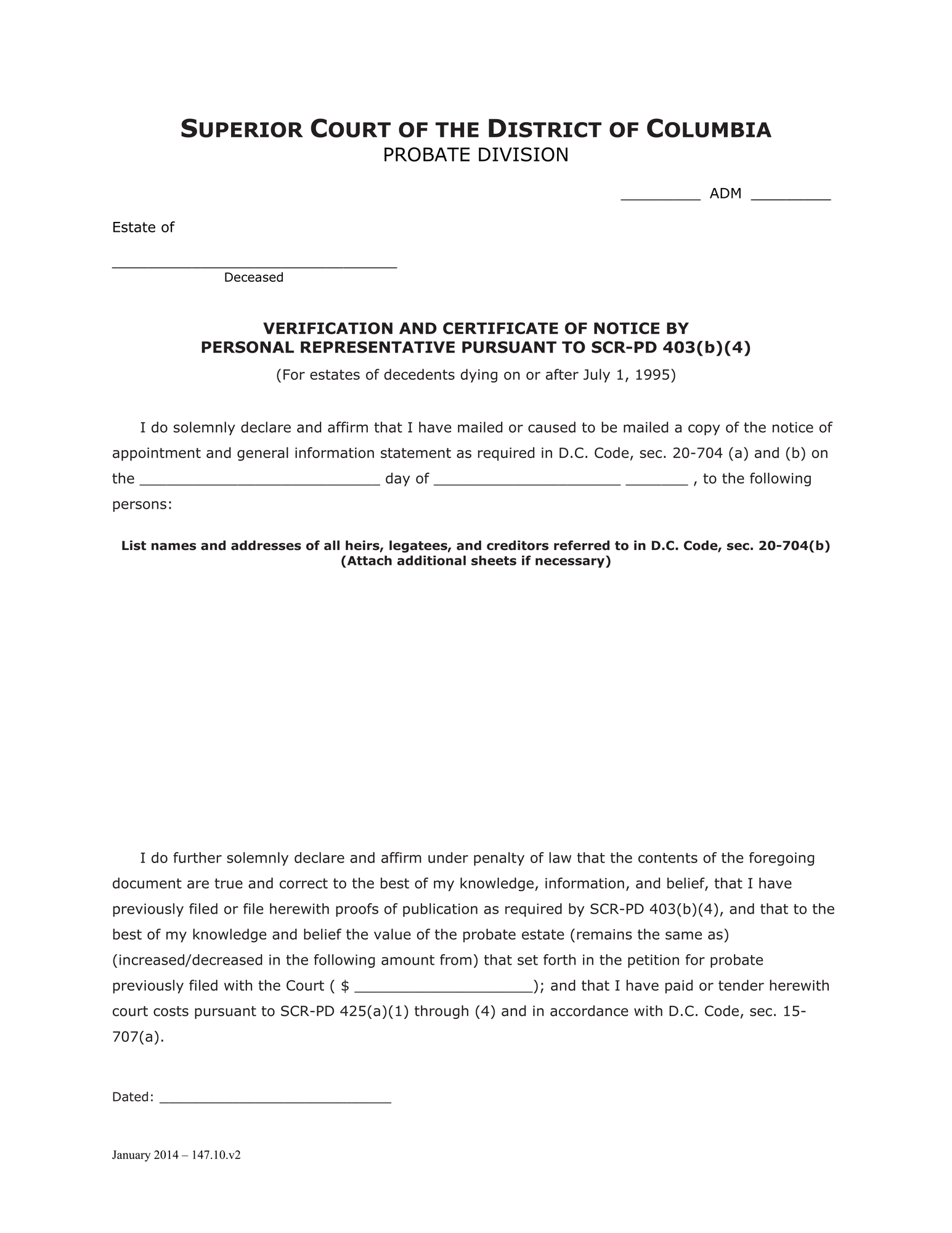 General Forms (ADM) - Verification and Certificate of Notice by Personal Representative Pursuant to SCR-PD 403(b)(4) thumbnail