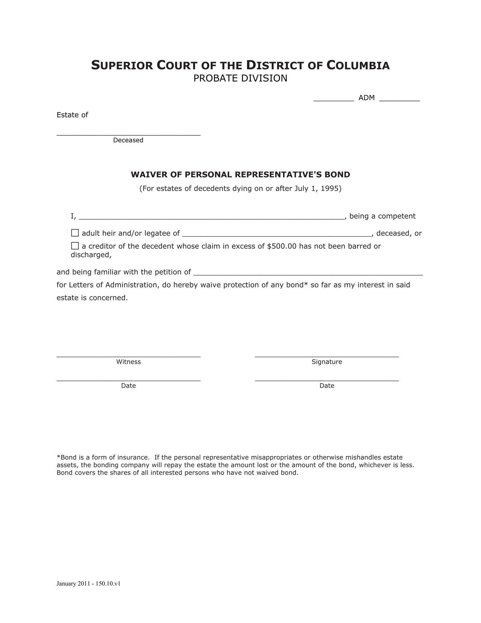 General Forms (ADM) - Waiver of Personal Representative’s Bond thumbnail