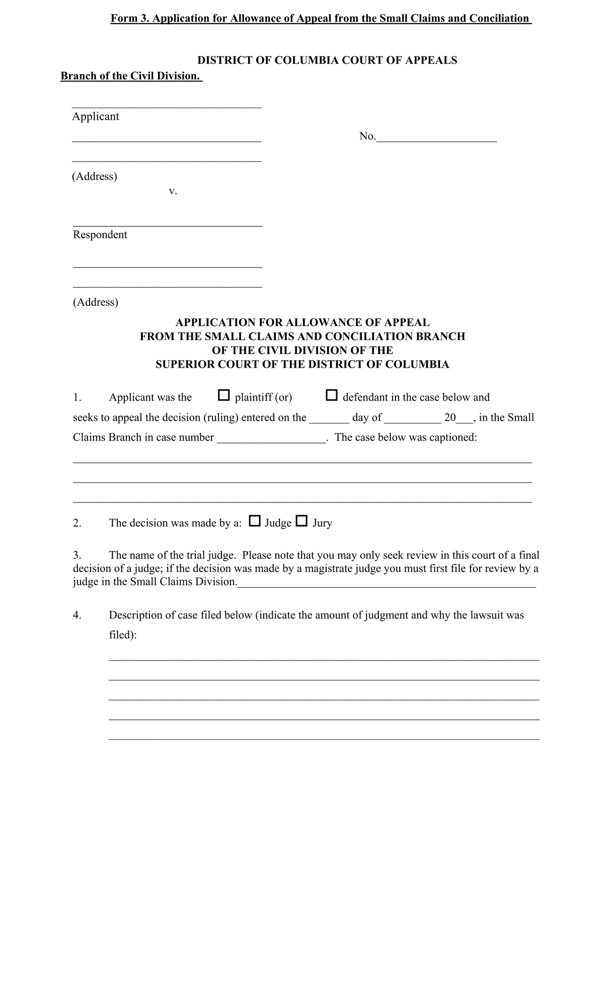 Application for Allowance of Appeal from the Small Claims and Conciliation Branch thumbnail
