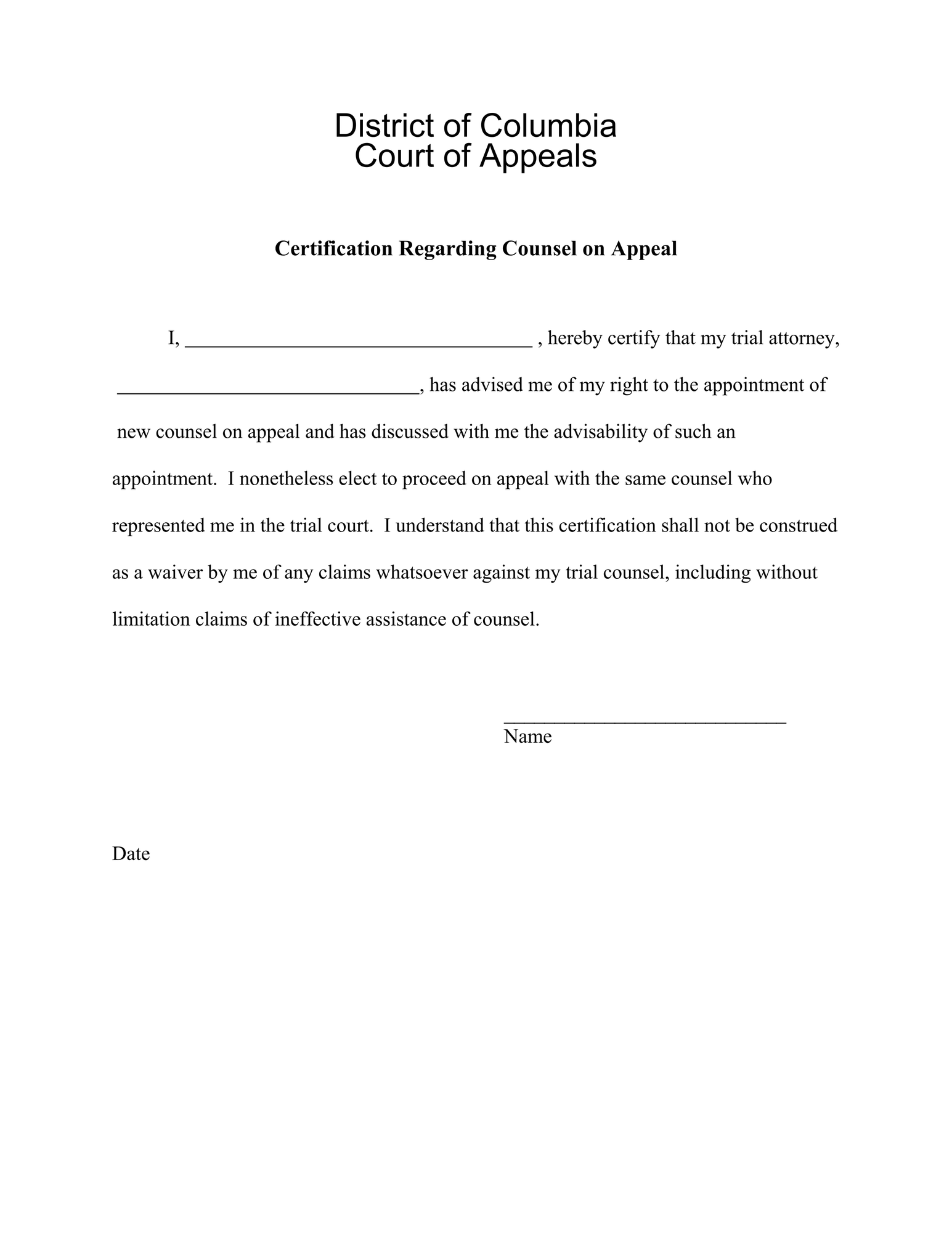 CJA - Certification regarding counsel on appeal thumbnail