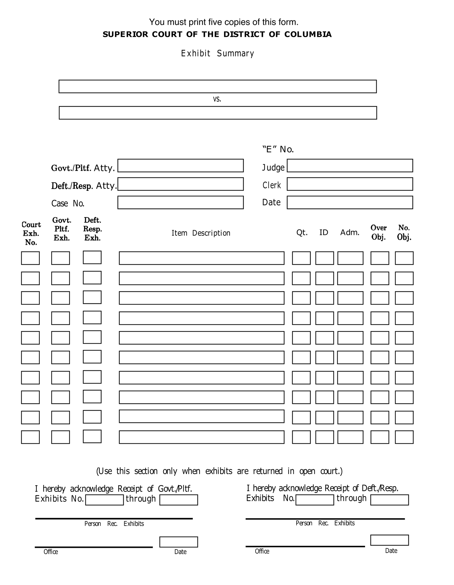 Exhibit Summary Sheet - Small Claims