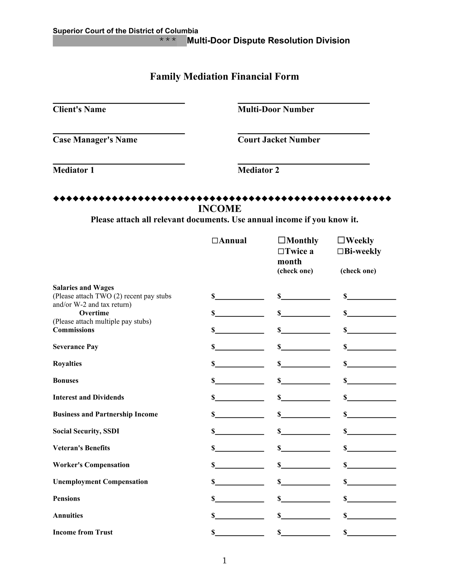 Family Mediation Financial Form: Income