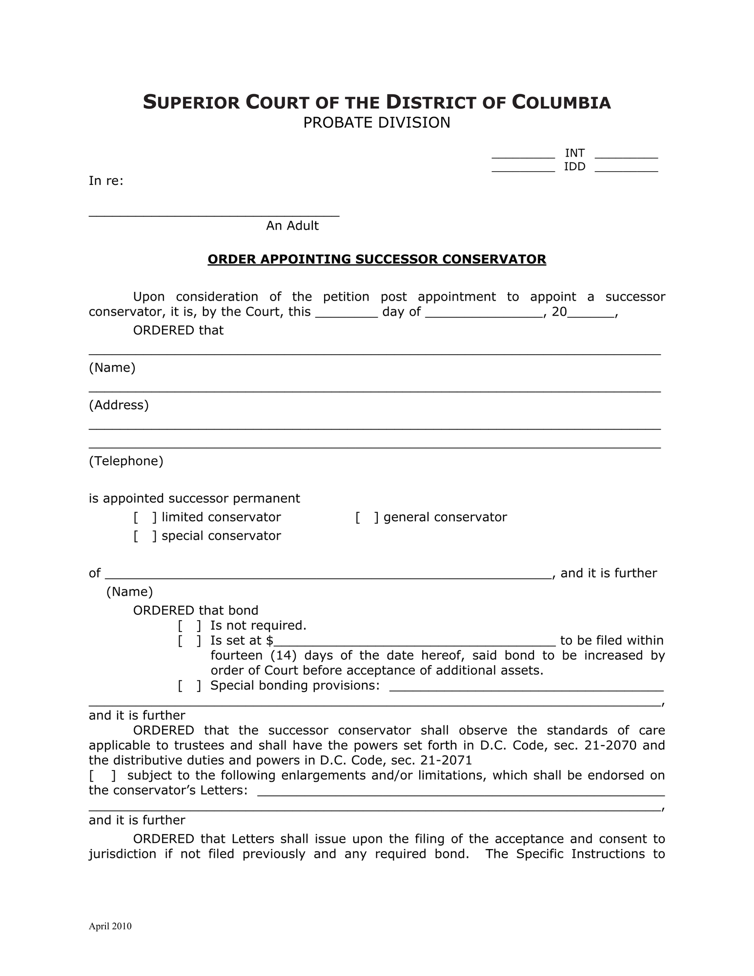 General Forms (INT) - Order Appointing Successor Conservator thumbnail