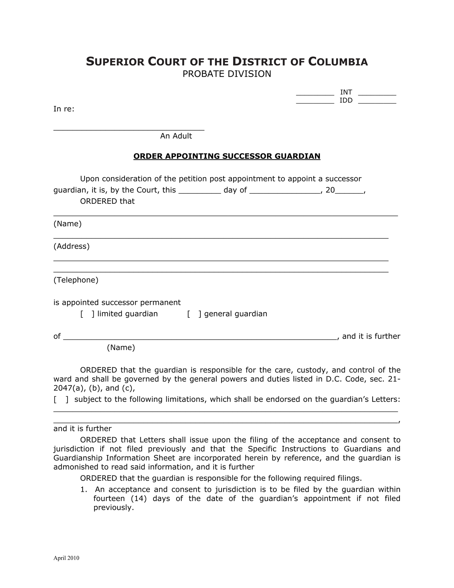 General Forms (INT) - Order Appointing Successor Guardian thumbnail