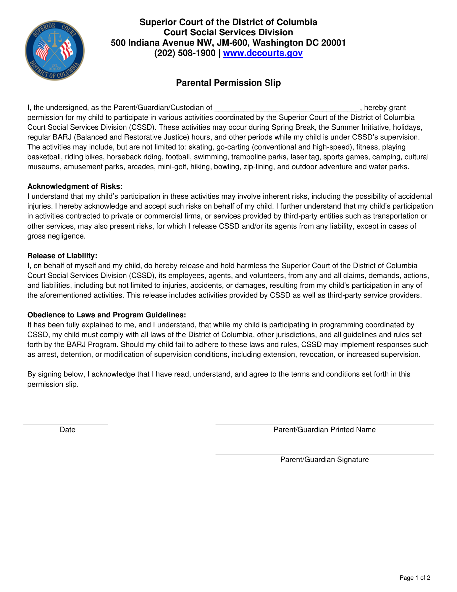 CSSD Parental Activity/Outing Authorization Form thumbnail