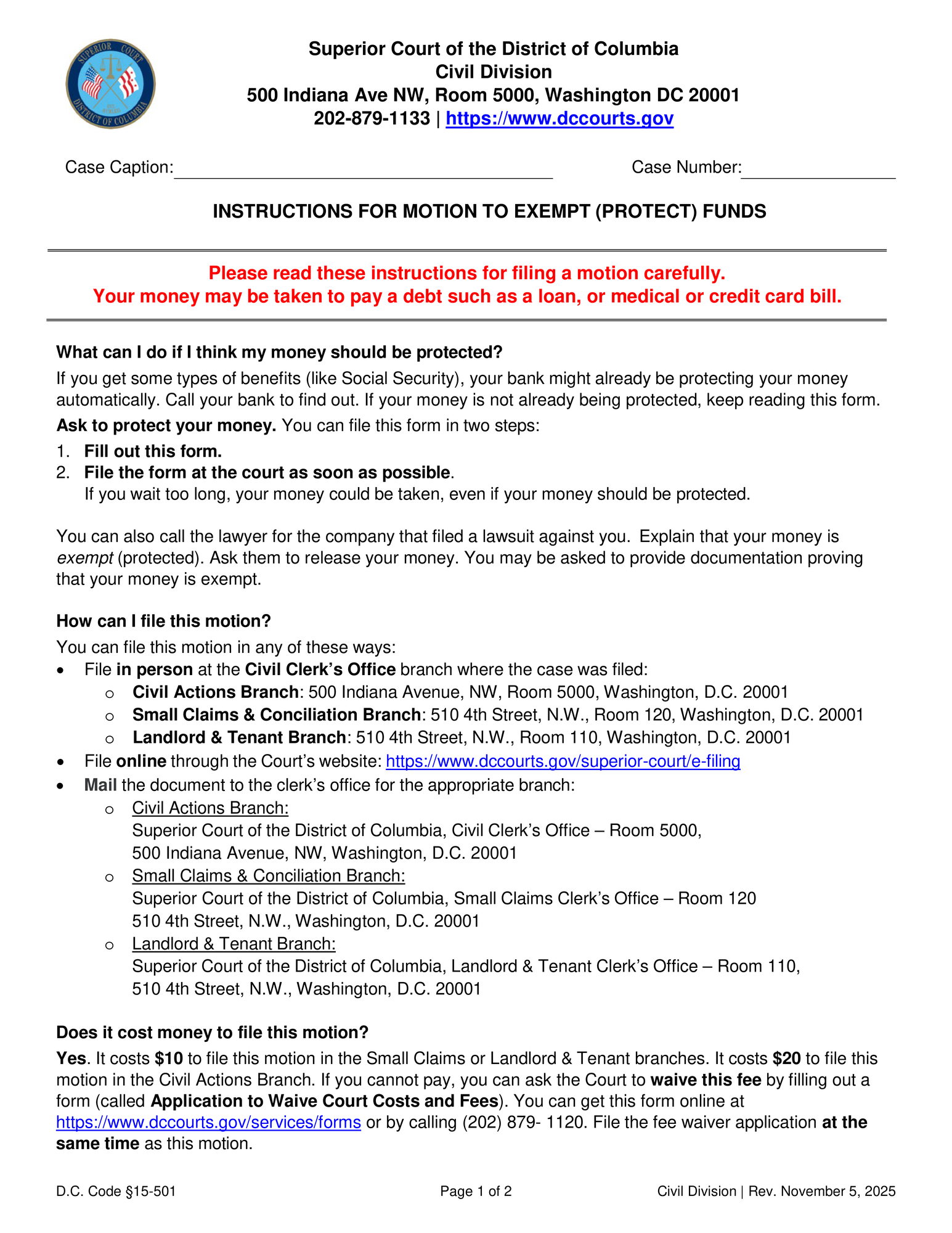 Instructions for Motions to Exempt (Protect) Funds thumbnail