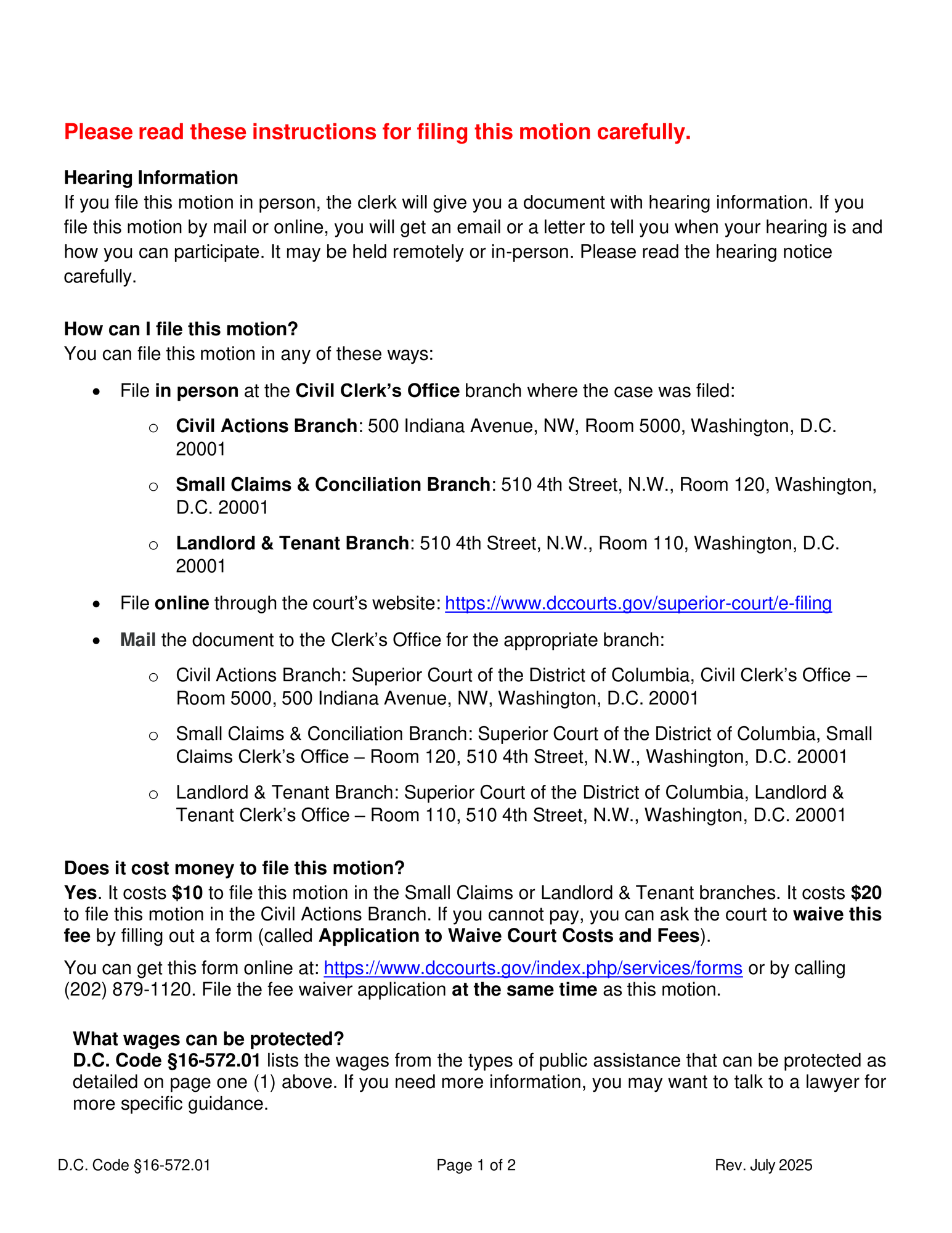 Instructions to Motion to (Protect) Wages Request a Hearing