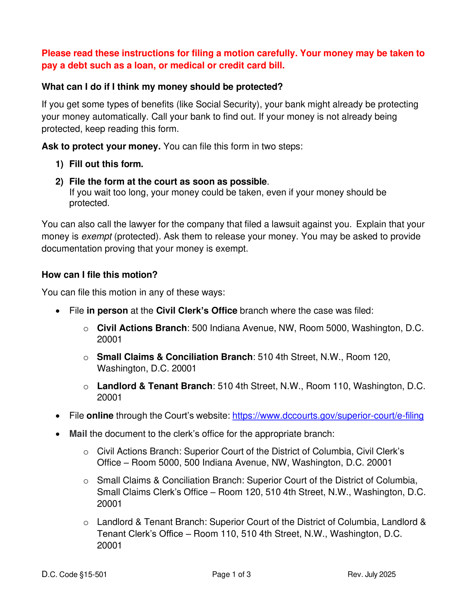 Instructions to Motions to Exempt (Protect) Funds