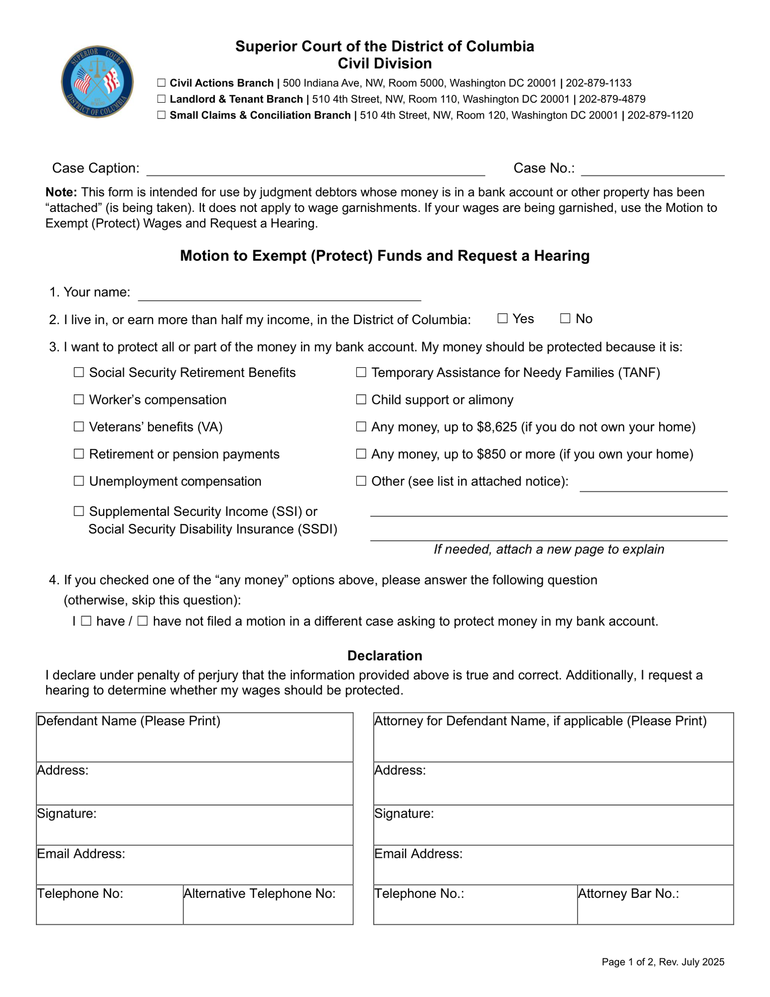 Motion to Exempt (Protect) Funds and Request a Hearing thumbnail