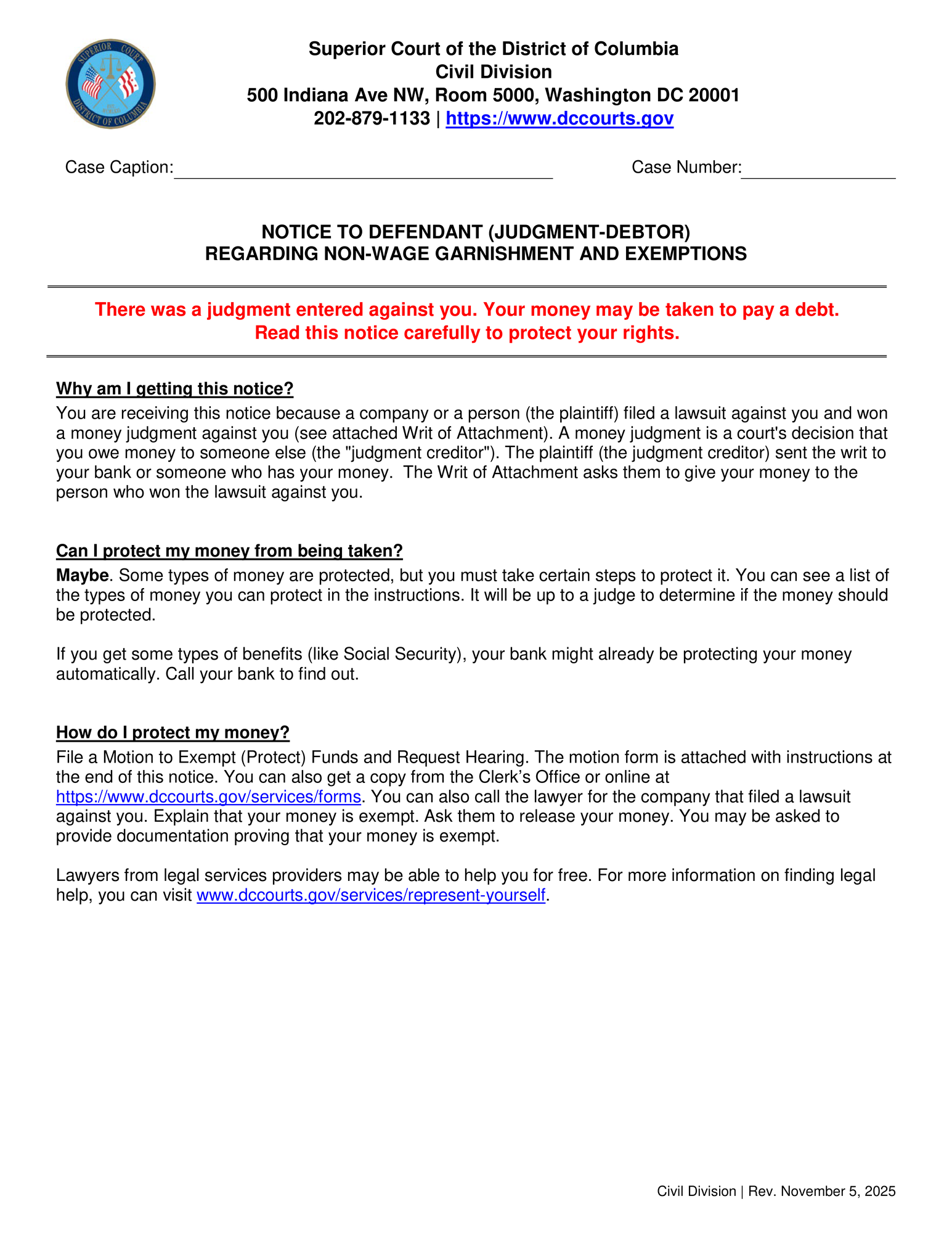 Notice To Defendant (Judgment-Debtor) Regarding Non-Wage Garnishment And Exemptions thumbnail