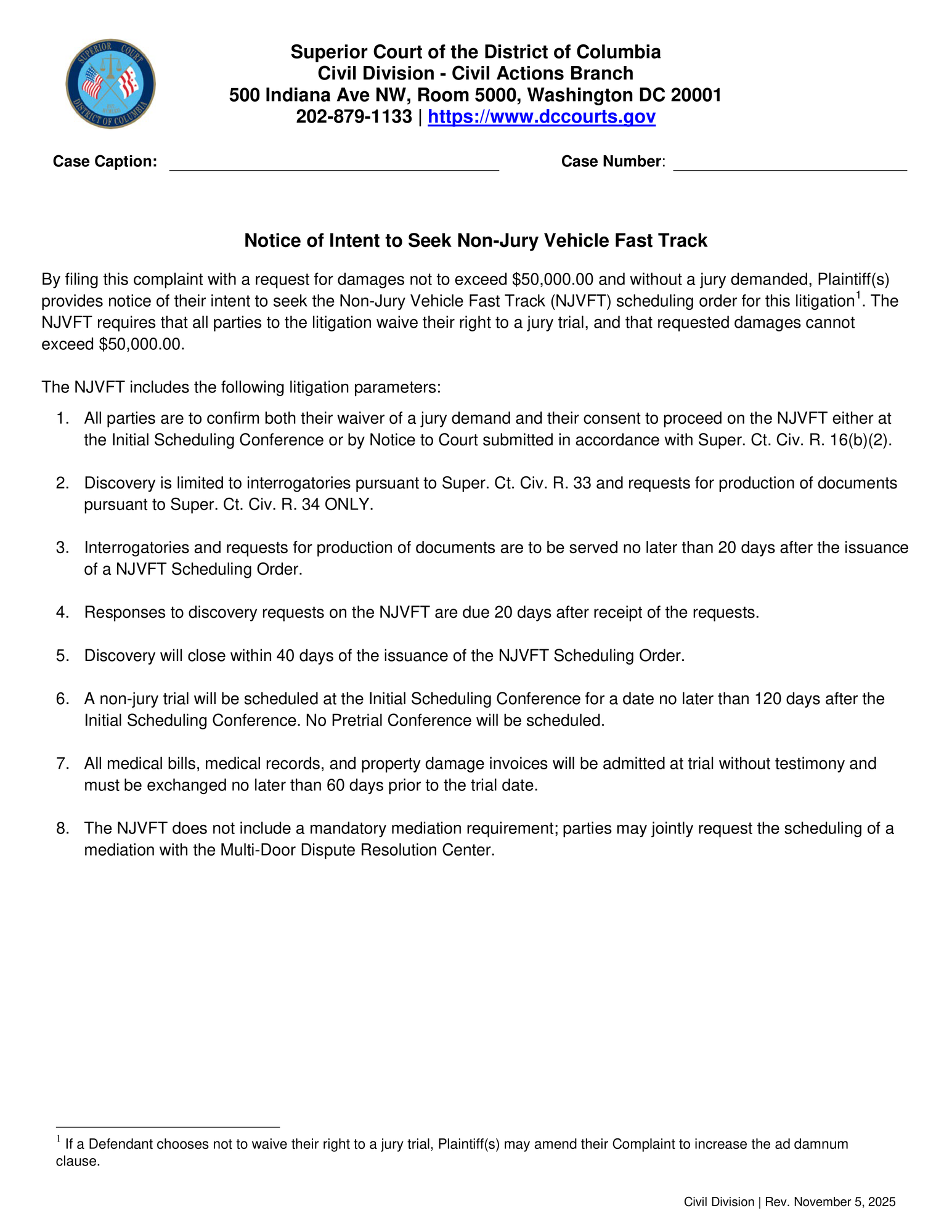 Notice of Intent to Seek Non-Jury Vehicle Fast Track thumbnail
