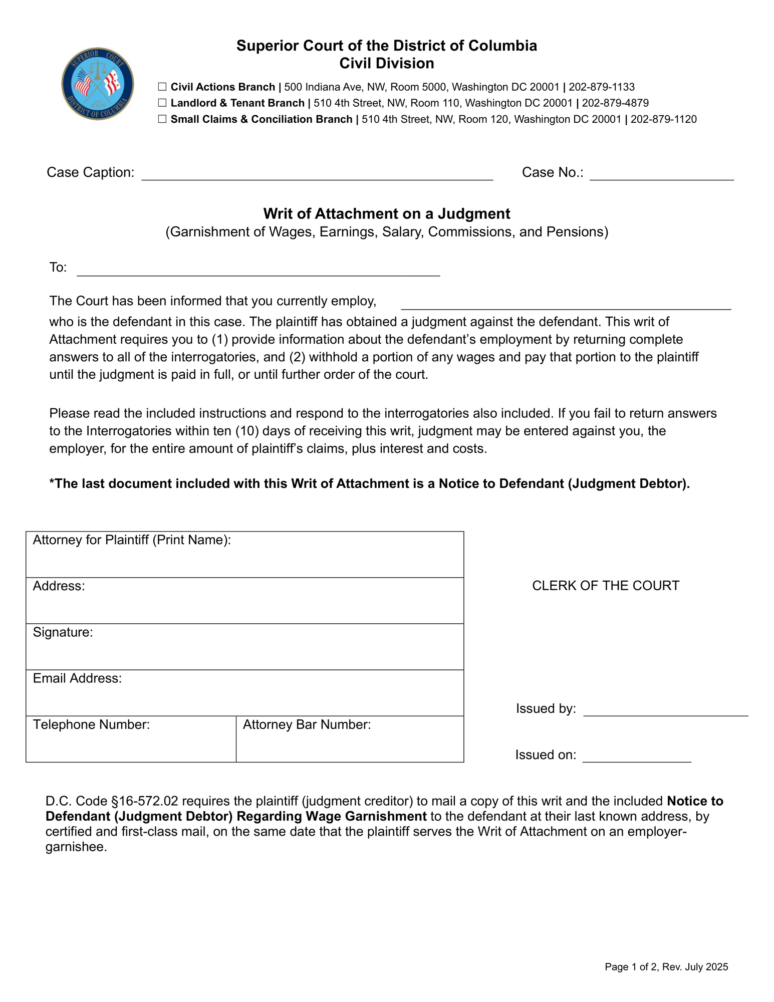 Writ of Attachment on Wages, Notice, Instructions, Motion Packet thumbnail