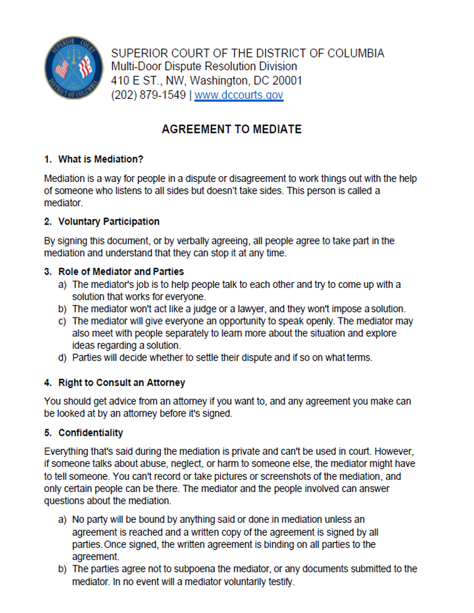 Photo of Agreement to Mediate Document