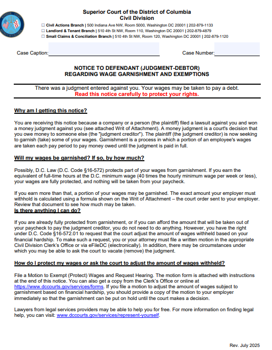 Notice To Defendant (Judgment-Debtor) Regarding Wage Garnishment And Exemptions Thumbnail