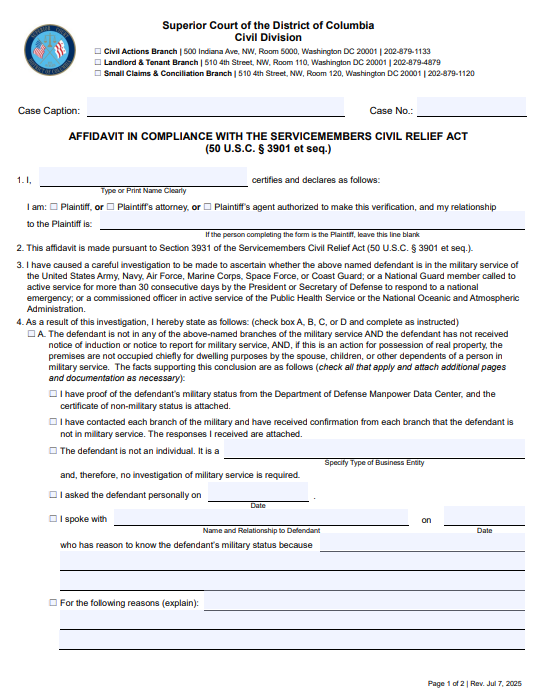 Servicemembers Civil Relief Act Affidavit thumbnail
