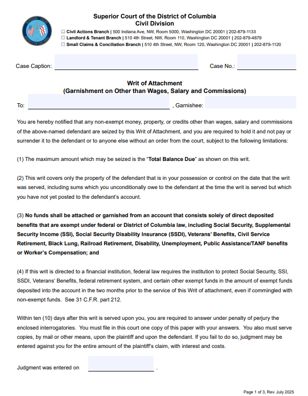 Writ of Attachment Non-Wages, Notice, Instructions, Motion Packet Thumbnail Image