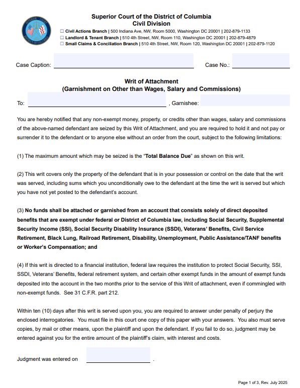 Writ of Attachment Non-Wages and Notice Packet Form Thumbnail Image