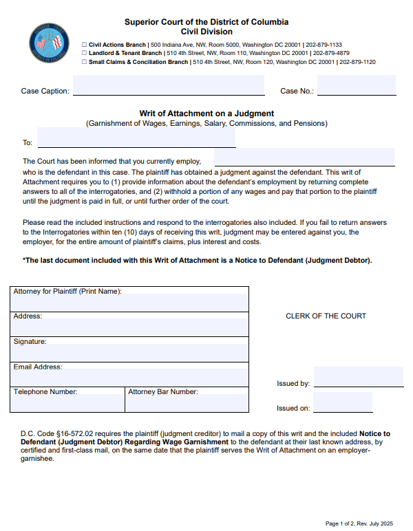 Writ of Attachment on Wages, Instructions and Notice Packet Thumbnail Image