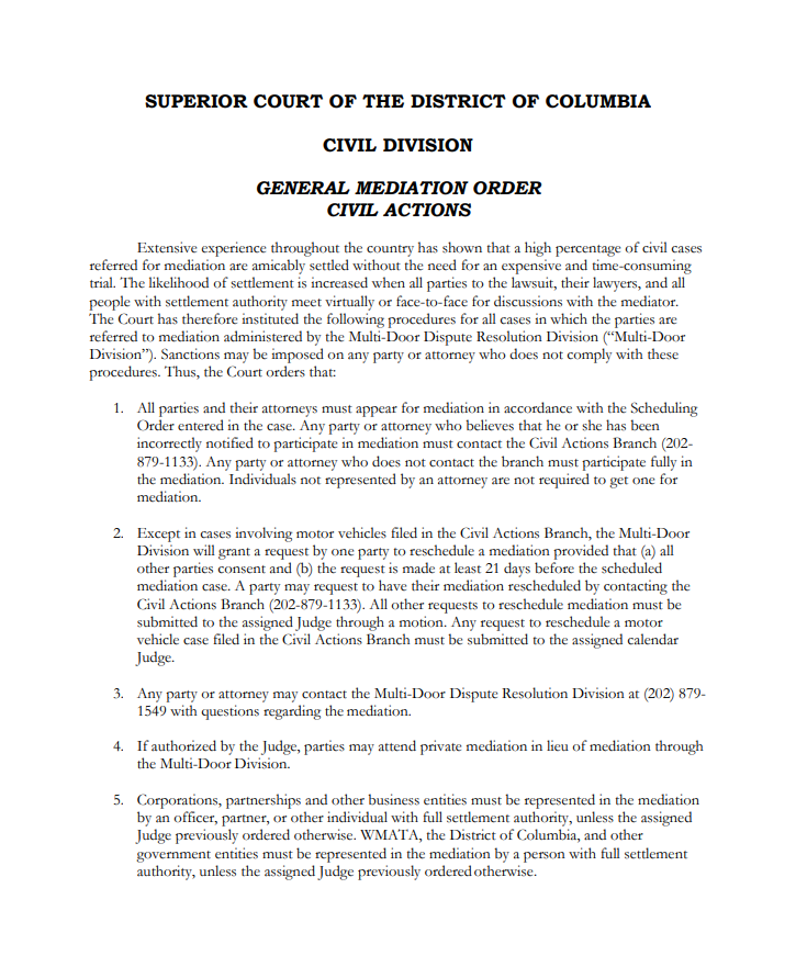 Civil Actions Mediation: General Mediation Order, Mediation Readiness Thumbnail